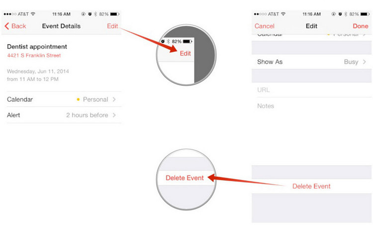 delete a calendar event on iPad